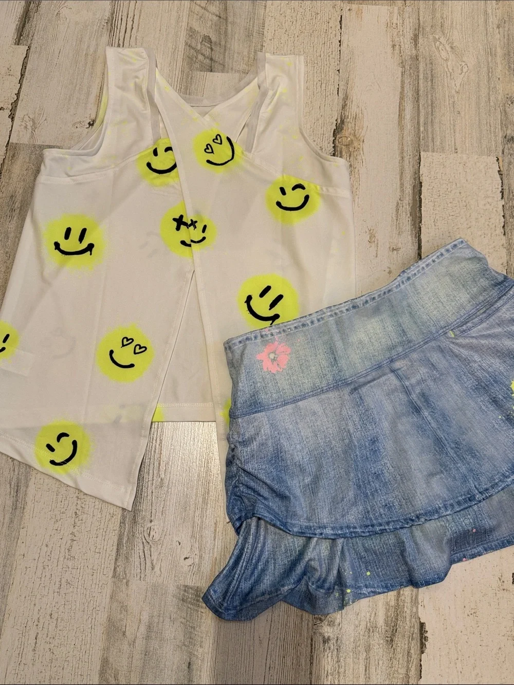 Kids Lucky in Love 2 pc. Smiley Neon Tie Back Vibrant Faux Denim Skort Set L 14